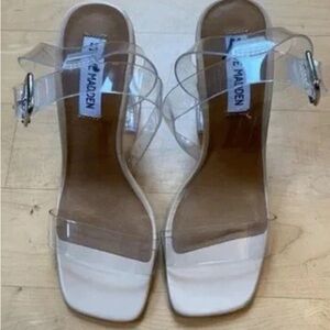 Steve Madden Hundred Clear Plastic Nude Beige Sandals Plastic Heels Size 9 Women